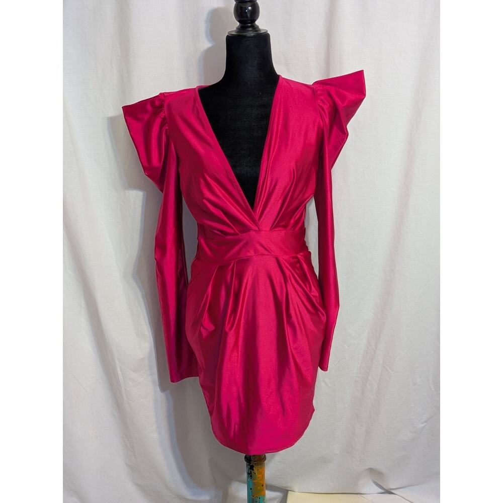 Hot Pink Deep V Nylon Long Pointy Sleeved Ruched Cocktail Mini Bodycon Dress M